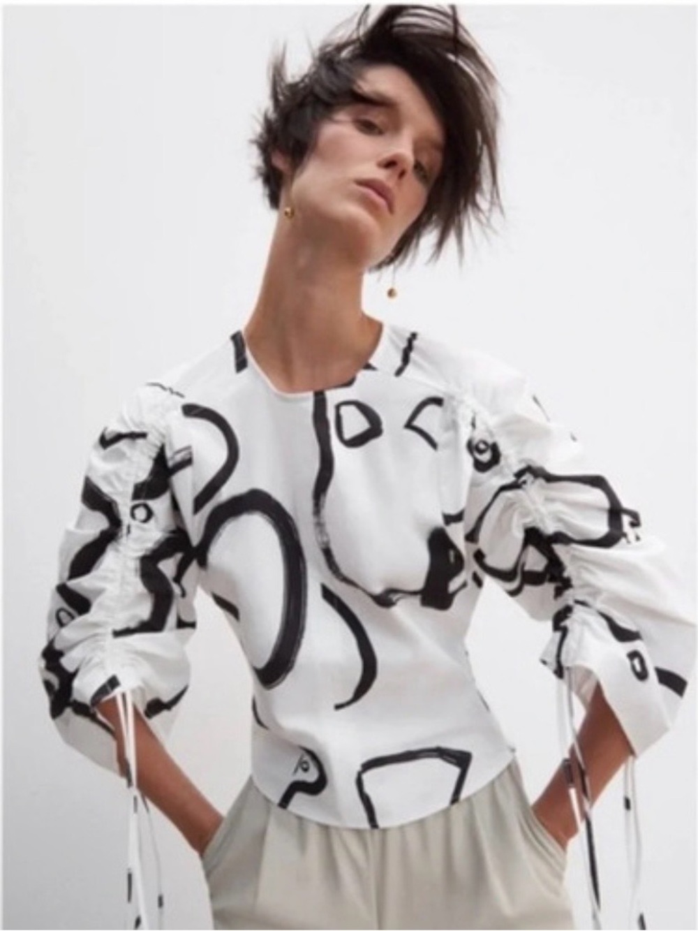Zara Off-Shoulder White Top with Black Abstract Print